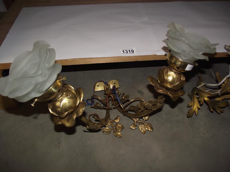 A pair of ormolu wall lights together with a twin ormolu wall light COLLECT ONLY - Image 3 of 3