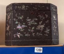 A 19th century Chinese mother of pearl inlaid octagonal box with brass handles COLLECT ONLY