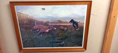 A framed & glazed print of 2 dogs chasing a hare/rabbit, limited edition 48/1000, signed W. Hobson