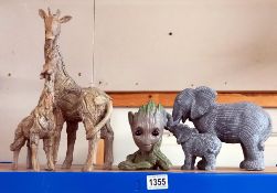 An elephant and calf, Giraffe and calf and a Groot small plant holder COLLECT ONLY