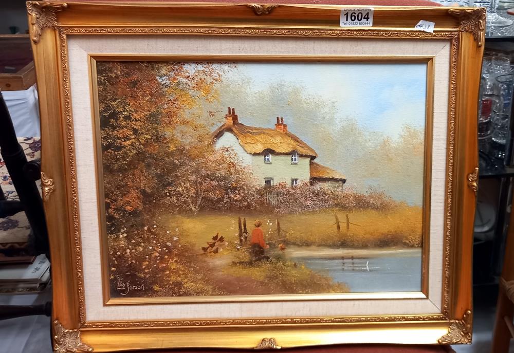A gilt framed oil on canvas of a cottage, by Les Parson COLLECT ONLY