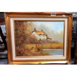 A gilt framed oil on canvas of a cottage, by Les Parson COLLECT ONLY