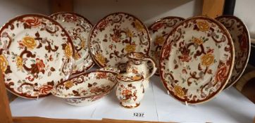 6 Mason Ironstone 'Brown Velvet' dinner plates and a jug, dish and lidded pot COLLECT ONLY
