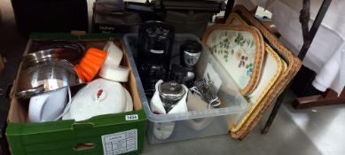2 boxes of kitchenalia including enamel lidded roasting tin, coffee machines, small hot pot