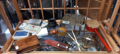 A quantity of miscellaneous including kukri and vintage skinning knife, brass trivet, playing