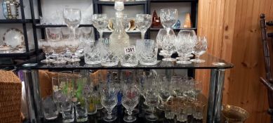 2 shelves of crystal and other drinking glasses including a decanter COLLECT ONLY