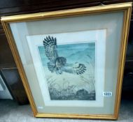 Framed and glazed print by Carol Anne Teasdale 'Hunting Owl and Mouse' No.6/300 COLLECT ONLY