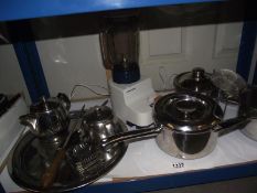 A quantity of saucepans including an Aga, vintage Kenwood electric chopper etc COLLECT ONLY