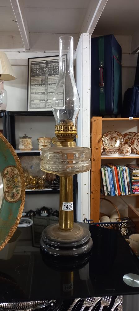 A Victorian oil lamp with faceted glass font COLLECT ONLY