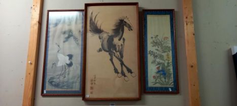 2Chinese silk pictures & a large framed & glazed print of a Stallion COLLECT ONLY