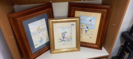 2 Watercolours & a print of children on the beach Collect Only