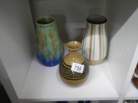 Three pottery vases by Myott, Demby and Holbham.