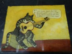 A reverse painting on glass of a cat playing a guitar, COLLECT ONLY, 18 X 14 cm.