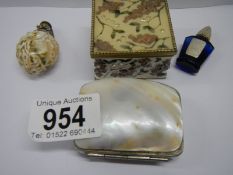 Two old perfume bottles, a trinket box and a small coin purse.