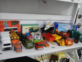 A box of playworn and boxed mixed die cast includint Triang, Corgi, Matchbox etc.