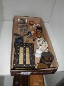 An interesting tray of miscellaneous items including boxes, badges etc.,
