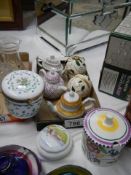 Three miniature teapots and two Christmas baubles, trinket pots etc.,