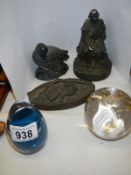 Two glass paperweights, a David Hughes sculptor paperweight and two other items.