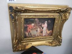 A small ornate gilt framed study of a Georgian family scene, signed T Wilson, 30 x 15 cm, COLLECT