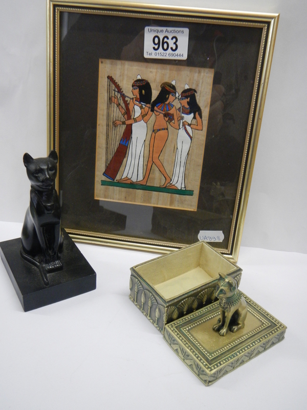 An Egyptian picture and two Egyptian God Bastet items. - Image 7 of 7