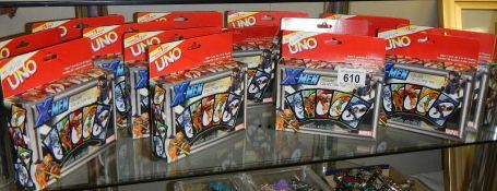 A collection of 14 boxed UNO Marvel X-Men collectors cards with card game.