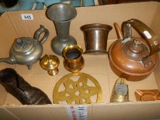 A box of brass, copper and pewter including a Georgian mortar.