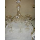 A cut glass decanter and five glasses, COLLECT ONLY.