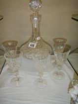A cut glass decanter and five glasses, COLLECT ONLY.