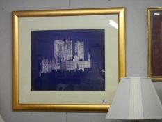 A large gilt framed print of Lincoln Cathedral, COLLECT ONLY.