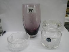 A signed purple etched glass vase with lady with lyre design, A Stuart crystal cookie jar