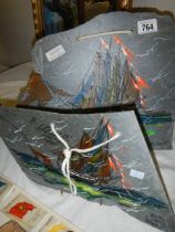 Cornish paintings on slate of sailing ships.