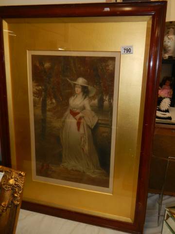 A large Edwardian framed and glazed print of a lady, 58 x 78 cm, COLLECT ONLY.