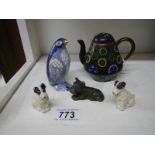 A miniature Cloissonne' teapot (missing lid knob), a Cloissonne' penguin and three metal dogs.