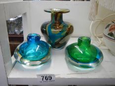 Three art glass posy vases