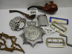 A mixed lot including two old pipes, police badges etc.,