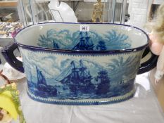 A large ceramic blue and white foot bath. COLLECT ONLY.
