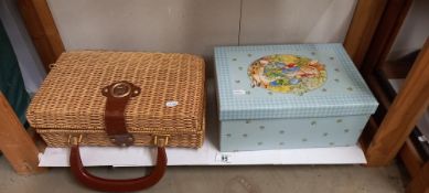 A quantity of sewing items etc in a wicker basket and Peter Rabbit box