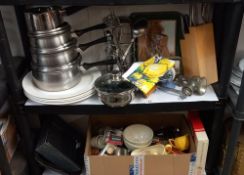 A quantity of kitchenalia including saucepans, on 2 shelves COLLECT ONLY
