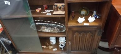 A mixed lot including cased French opera glasses, silver plate tray, Murano glass dragon, other