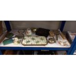 A quantity of vintage dressing table items, candle holders, a decorative box etc