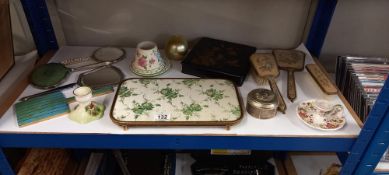 A quantity of vintage dressing table items, candle holders, a decorative box etc