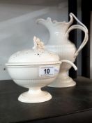 A creamware jug and lidded bowl with ladle
