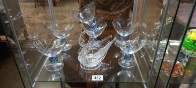 A set of 6 cocktail glasses and a glass sculptured swan COLLECT ONLY