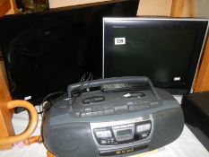Two flat-screen TV's and a twin tape CD player all with remotes. COLLECT ONLY