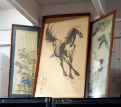 2 Chinese silk pictures & a large framed & glazed print of a Stallion COLLECT ONLY