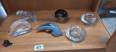 2 glass Copenhagen glass candlesticks, glass Wedgwood snail, Langham badger and whale and dolphin