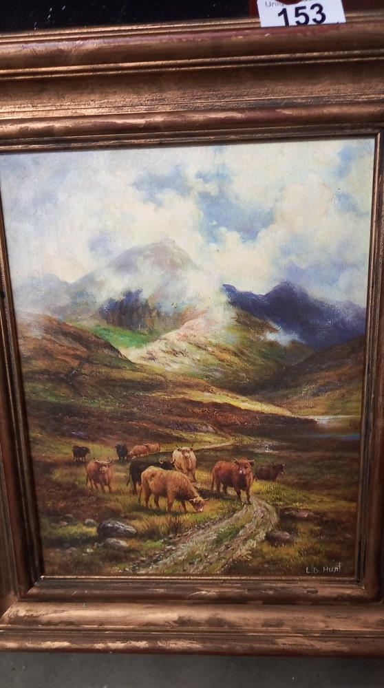 A vintage gilt framed overpainted print of Highland cattle in the shadow of mountains signed l.B - Image 2 of 3
