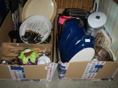 Two boxes of assorted ceramics, cutlery etc., COLLECT ONLY.