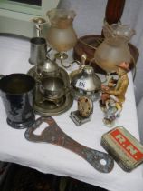 A mixed lot of metal ware including silver plate candelabra with shades etc., COLLECT ONLY.
