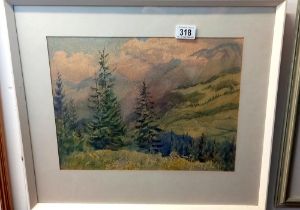 A watercolour of mountains and fir trees, signed G M Harvey COLLECT ONLY